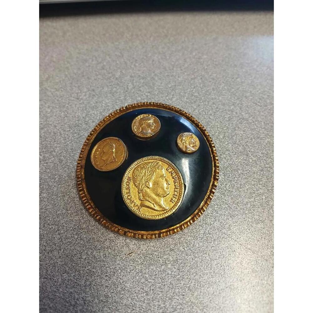 Vintage Coro Brooch Gold Tone Black Napoleon Coin Filigree Signed